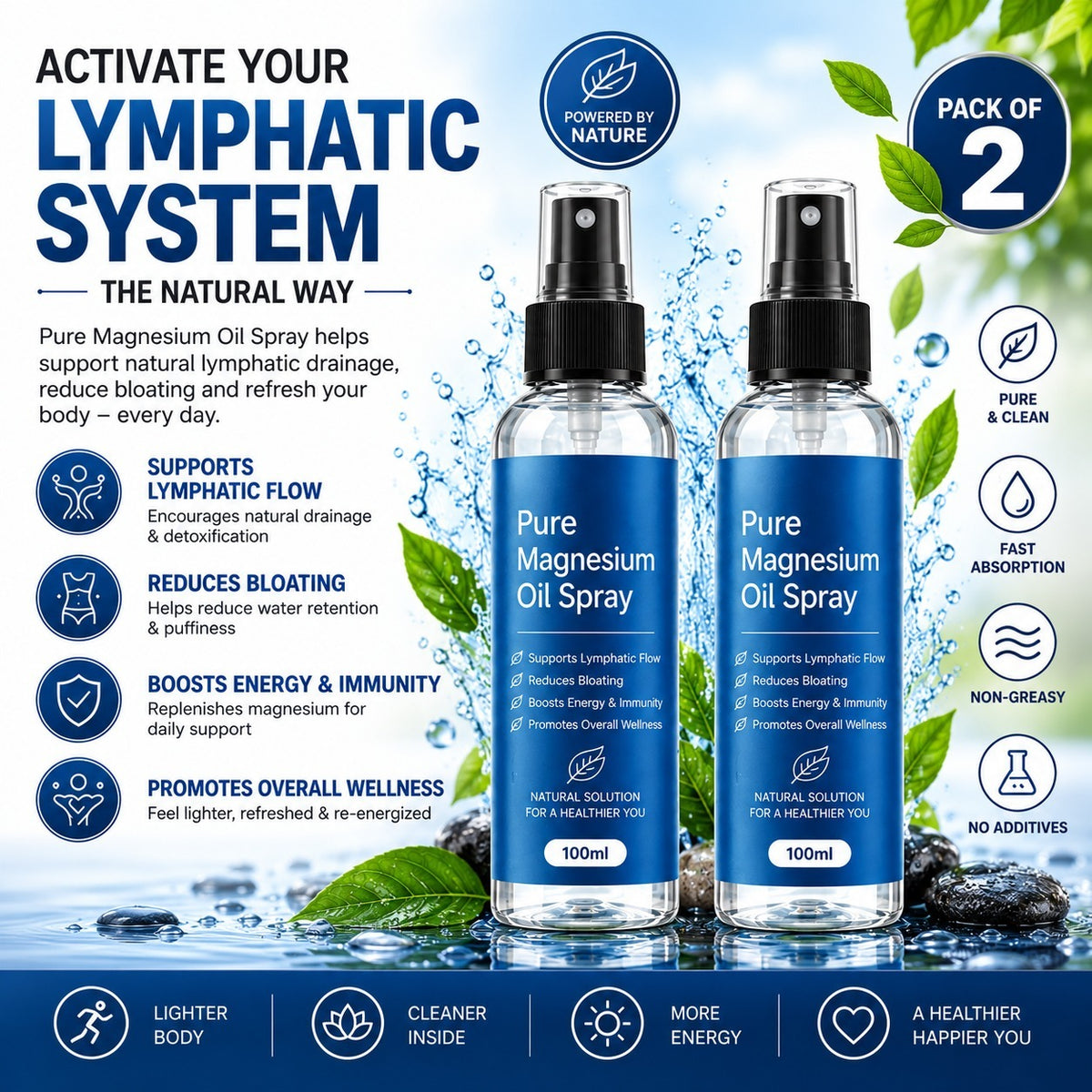 Natural Lymphatic Pure Magnesium Oil spray 100ml Each Pack of 2